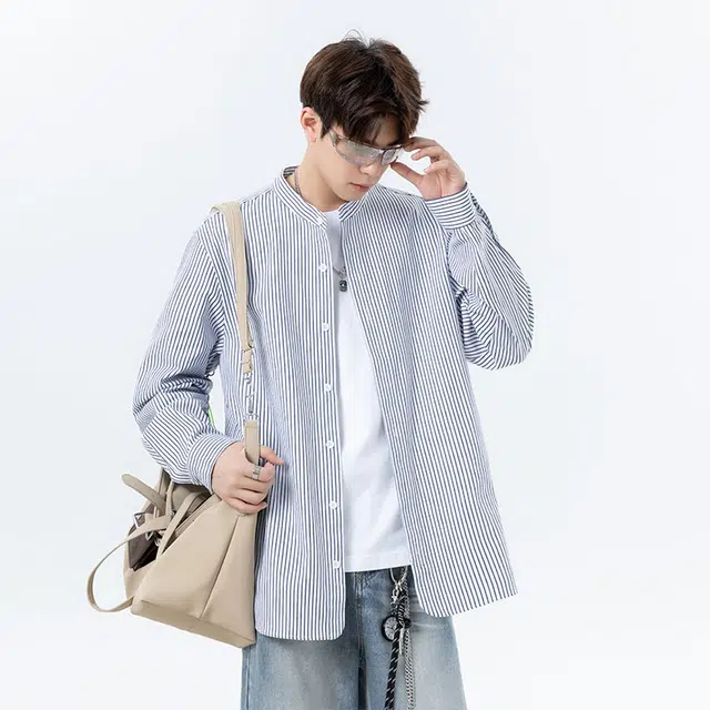 范索米 时尚设计感条纹上衣宽松百搭小立领衬衫内搭外套 男女同款
