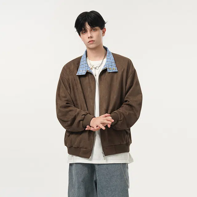 范索米 美式街头短款格子拼接时尚宽松百搭麂皮夹克情侣 男女同款