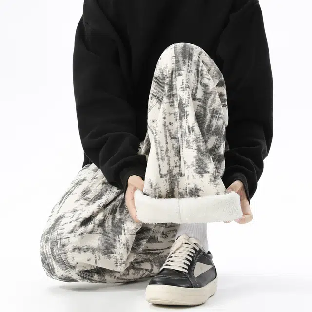 范索米 冬季加绒款 美式高街潮流扎染宽松阔腿直筒休闲裤 男女同款