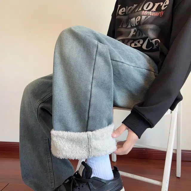 范索米 冬季加绒款 美式潮流基础百搭直筒阔腿休闲牛仔裤 男女同款