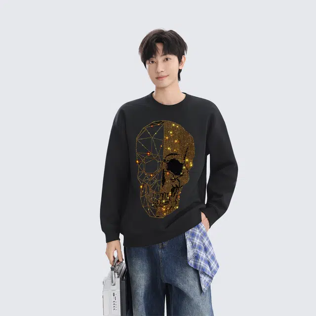 范索米 春秋美式潮流高街烫钻骷髅头时尚百搭圆领长袖卫衣 男女同款
