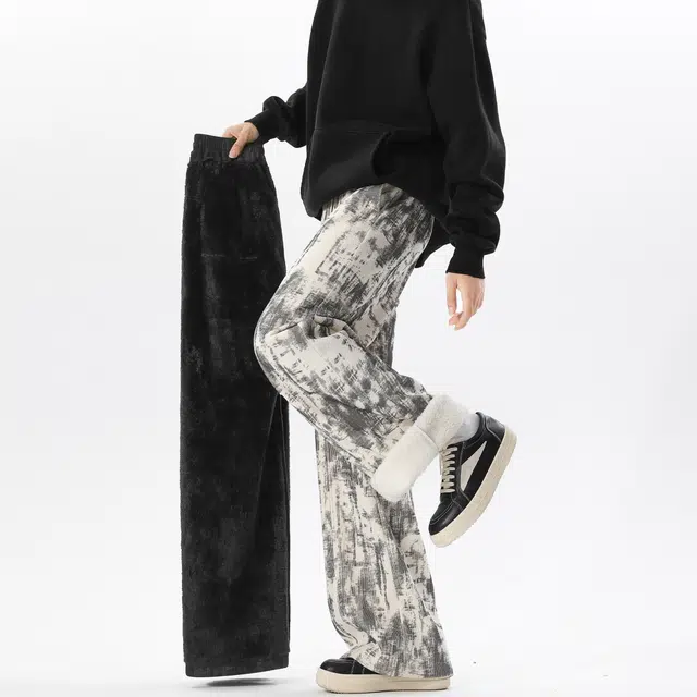 范索米 冬季加绒款 美式高街潮流扎染宽松阔腿直筒休闲裤 男女同款