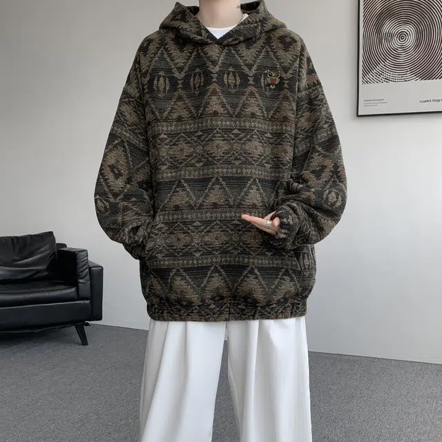 范索米 冬季加绒款 复古潮流民族风暗纹图案休闲日常宽松连帽卫衣 男女同款