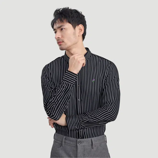 范索米 商务休闲郁金香图案长袖条纹衬衫 男款
