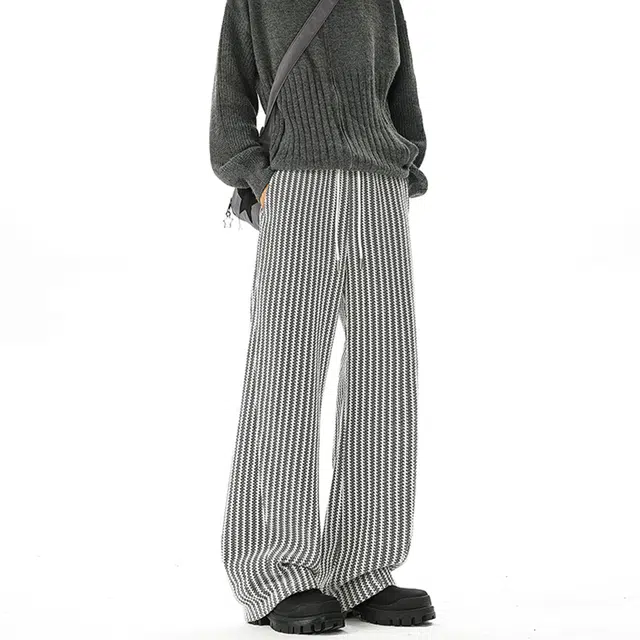 范索米 秋冬加绒款 港式复古条纹肌理感阔腿潮流百搭直筒休闲裤 男女同款