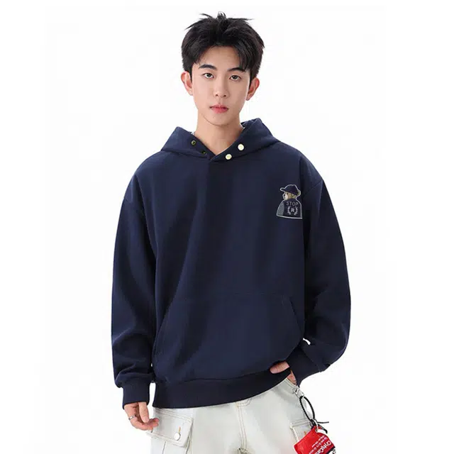 范索米 秋季学院风 设计款小熊图案纽扣装饰连帽时尚百搭宽松卫衣情侣 男女同款