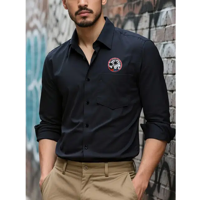 范索米 极简轻奢风海岛风景徽章商务休闲通勤男士长袖纯色衬衫 男款