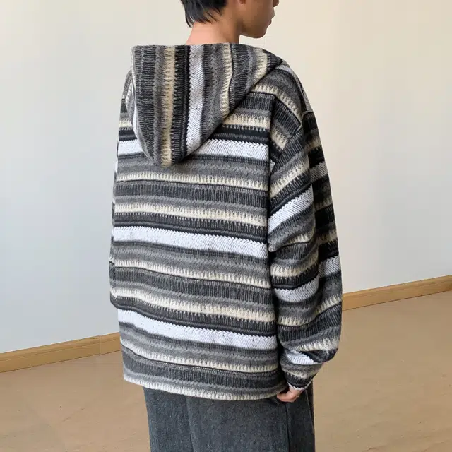 范索米 潮牌复古港风少年 慵懒风条纹毛呢宽松帽衫连帽拉链卫衣 男女同款