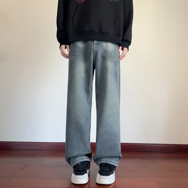范索米 冬季加绒款 美式潮流基础百搭直筒阔腿休闲牛仔裤 男女同款