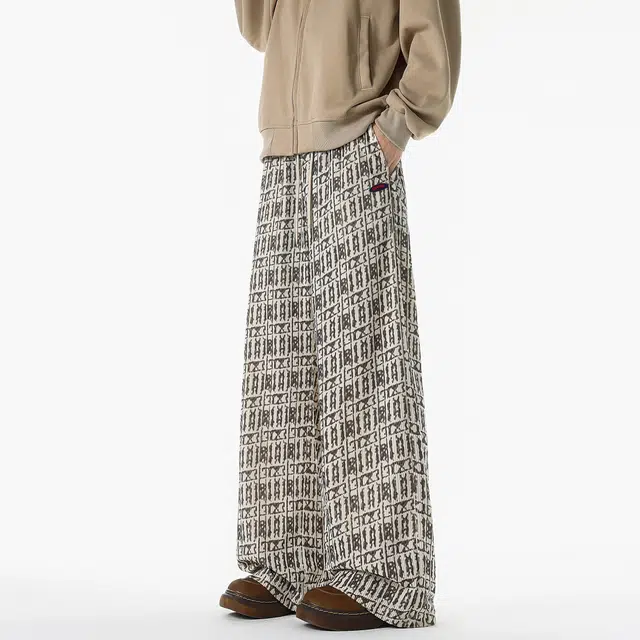 范索米 潮牌设计感满印阔腿休闲裤美式流行宽松通勤长裤 男女同款