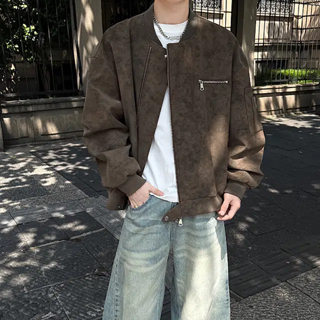 范索米 复古机车街头帅气棒球服夹克皮衣外套 男女同款