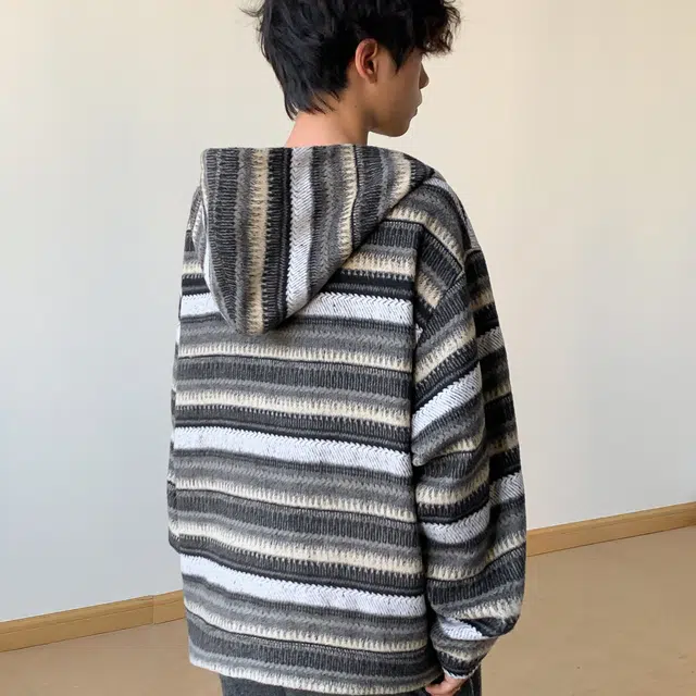 范索米 设计款 复古港风慵懒条纹毛呢宽松时尚百搭连帽卫衣情侣 男女同款
