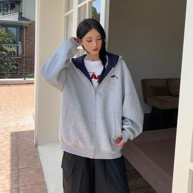 范索米 休闲学院风宽松百搭情侣款撞色拉链连帽卫衣 男女同款