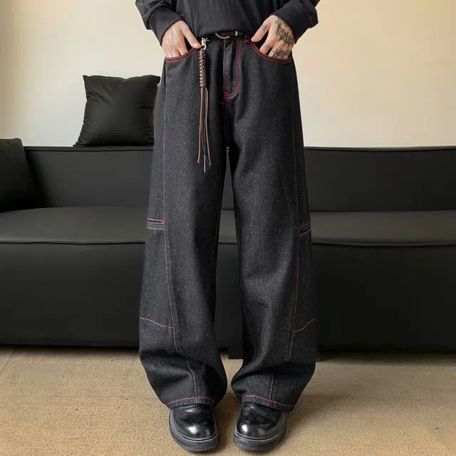 范索米 美式高街廓形设计 撞色阔腿时尚百搭宽松牛仔裤 男女同款