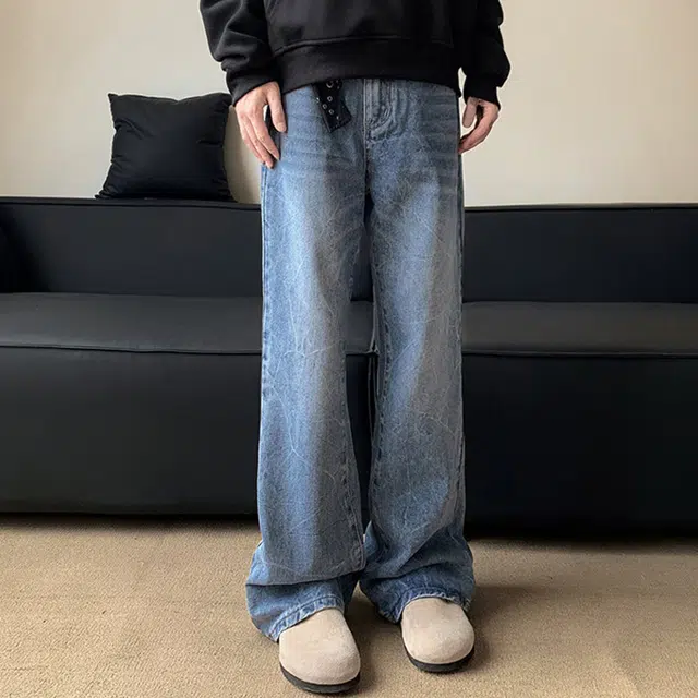 范索米 美式高街复古帅气裂纹水洗时尚休闲宽松牛仔裤 男女同款