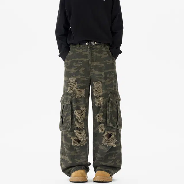 范索米 美式高街复古嘻哈破洞宽松时尚百搭工装牛仔裤 男女同款