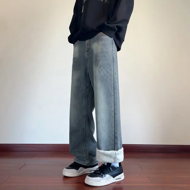 范索米 冬季加绒款 美式潮流基础百搭直筒阔腿休闲牛仔裤 男女同款