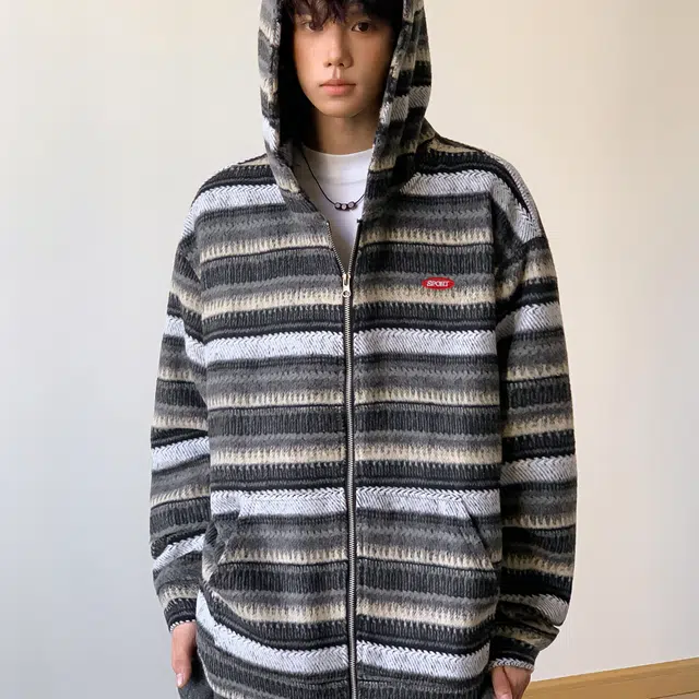 范索米 潮牌复古港风少年 慵懒风条纹毛呢宽松帽衫连帽拉链卫衣 男女同款
