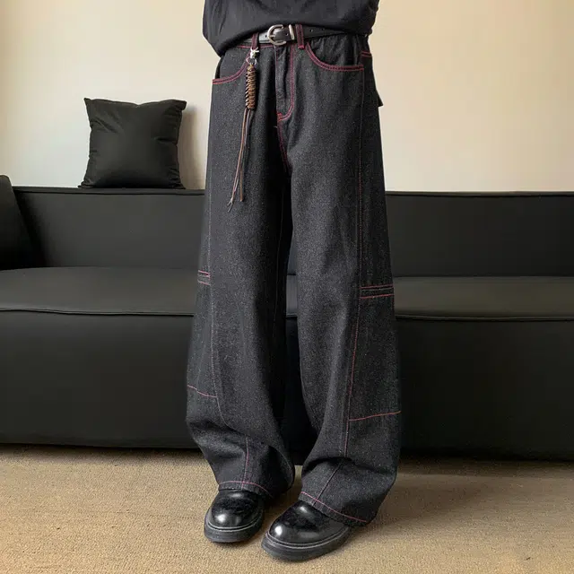 范索米 美式高街廓形设计 撞色阔腿时尚百搭宽松牛仔裤 男女同款