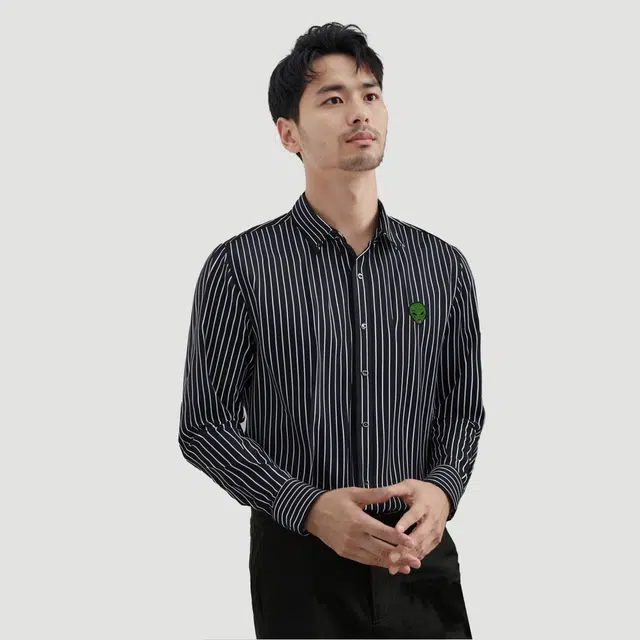 范索米 时尚休闲趣味外星人图案长袖条纹衬衫 男款