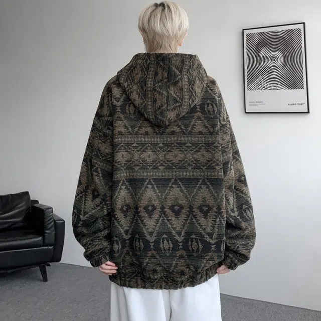 范索米 冬季加绒款 复古潮流民族风暗纹图案休闲日常宽松连帽卫衣 男女同款
