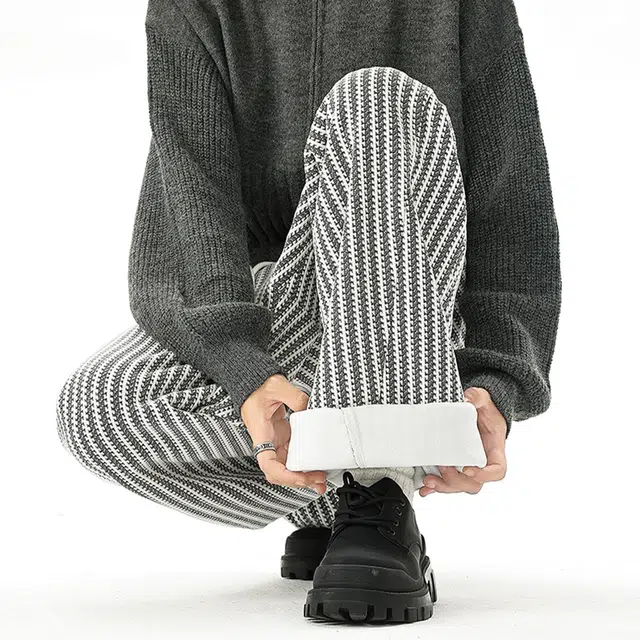 范索米 秋冬加绒款 港式复古条纹肌理感阔腿潮流百搭直筒休闲裤 男女同款