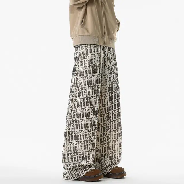 范索米 潮牌设计感满印阔腿休闲裤美式流行宽松通勤长裤 男女同款