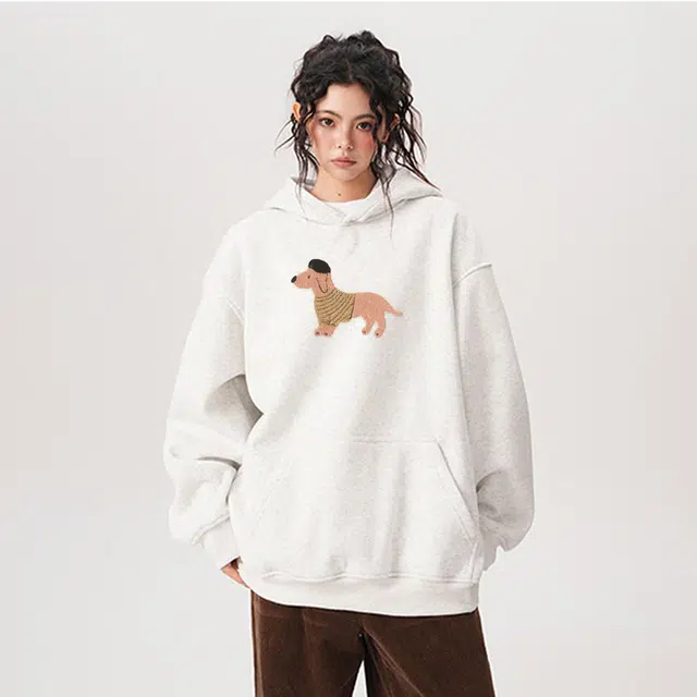 范索米 学院风卡通腊肠小狗宽松慵懒休闲连帽卫衣 男女同款