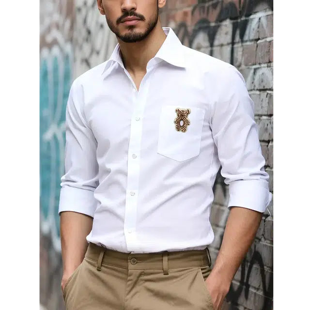 范索米 休闲通勤重工小熊图案长袖纯色衬衫 男款