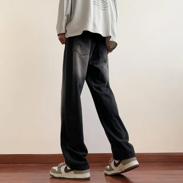 美式复古高街宽松阔腿水洗直筒牛仔裤 男女同款