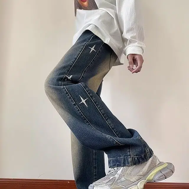 沐诚阳译 美式复古高街风创意做旧水洗舒适宽松中腰直筒牛仔裤 男女同款