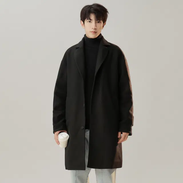 寻星记 美式学院风中长款纯色宽松西装领单排扣休闲百搭宽松保暖加厚大衣 男女同款