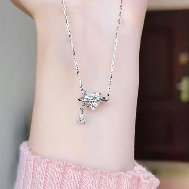 【永恒之心】 琉堇 璀璨之心 爱神之泪甜美闪耀镶嵌爱心之石足银锁骨链 轻奢小众高级感设计精致浪漫柒夕告白礼 锆石 纯银项链 女款