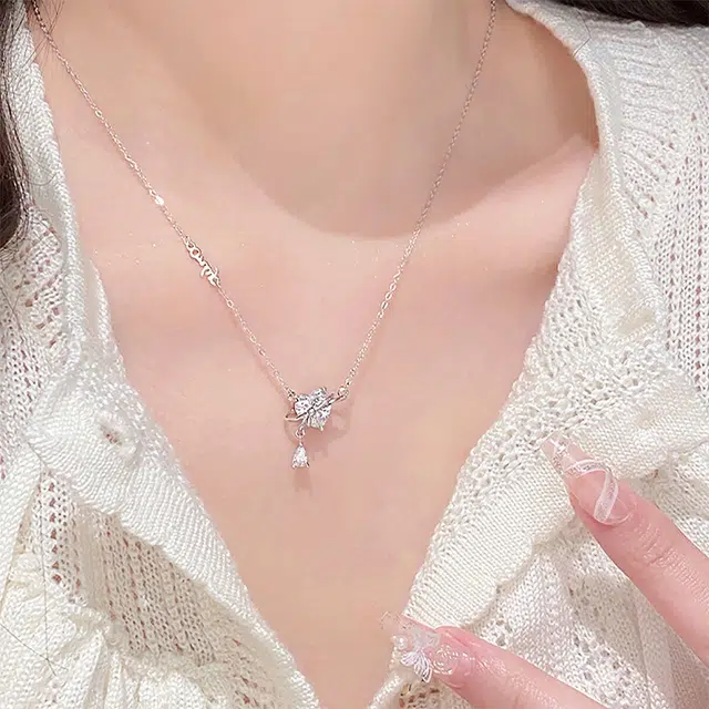 【永恒之心】 琉堇 璀璨之心 爱神之泪甜美闪耀镶嵌爱心之石足银锁骨链 轻奢小众高级感设计精致浪漫柒夕告白礼 锆石 纯银项链 女款