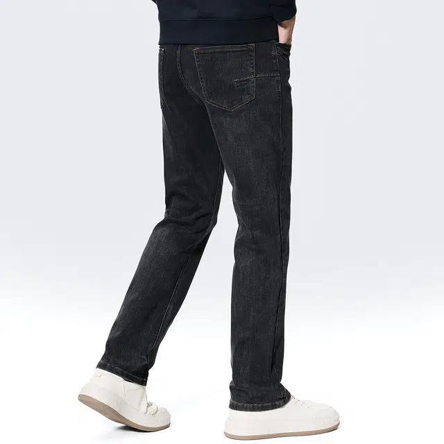 与狼共舞 羊毛天丝时尚褶皱水洗柔软弹力耐磨舒适直筒长裤牛仔裤 男款