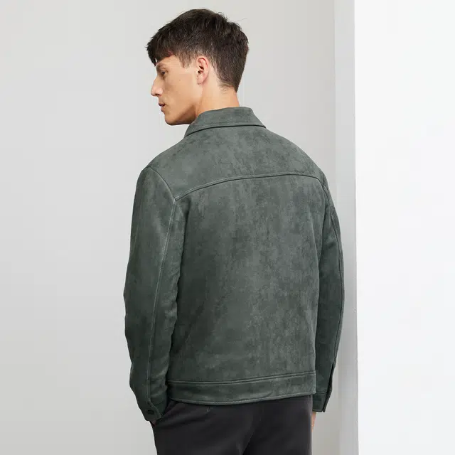 与狼共舞 纯色百搭潮流舒适翻领麂皮薄羽绒服 男款