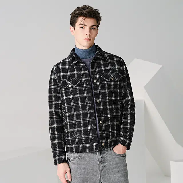 与狼共舞 百搭保暖翻领格纹夹克外套 男款 黑色
