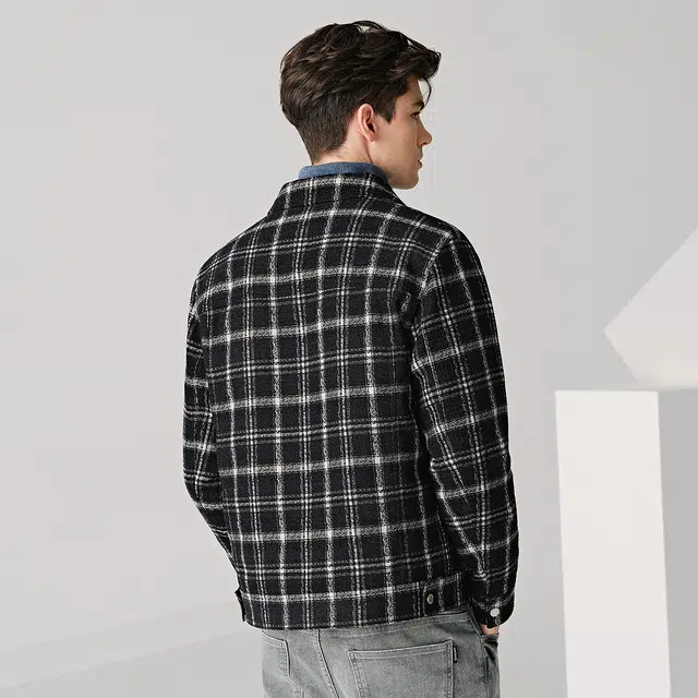 与狼共舞 百搭保暖翻领格纹夹克外套 男款 黑色