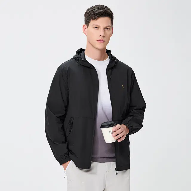 与狼共舞 透气简约宽松百搭舒适连帽纯色夹克外套 男款 黑色