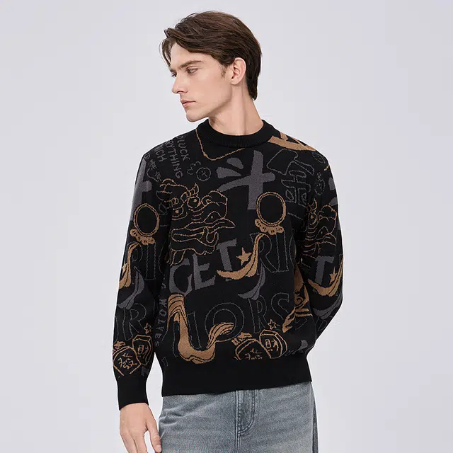 限定年品 与狼共舞 羊毛软糯亲肤时尚高街满印提花舒适圆领中长款针织毛衣 男款