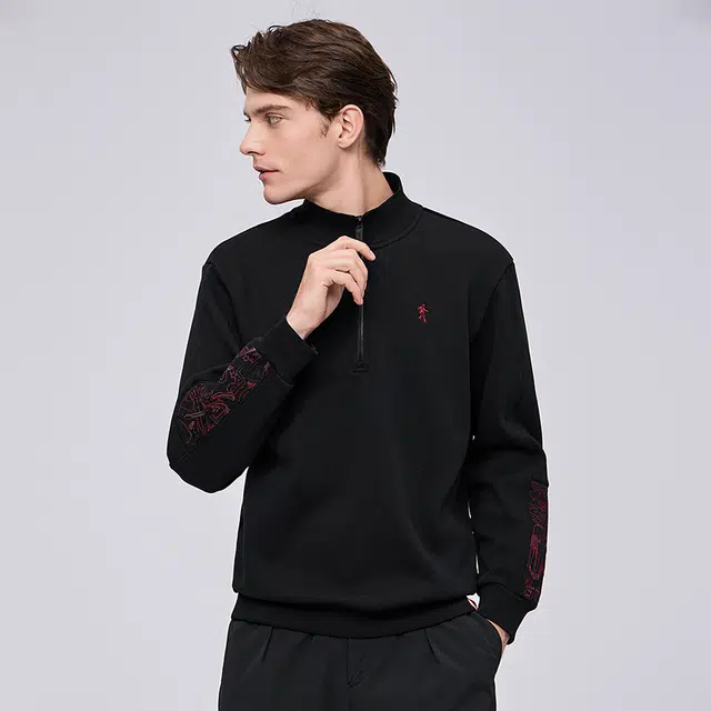 限定年品 与狼共舞 蓄热柔绒舒暖亲肤时尚国风臂花刺绣半开襟立领抗菌加厚卫衣 男款