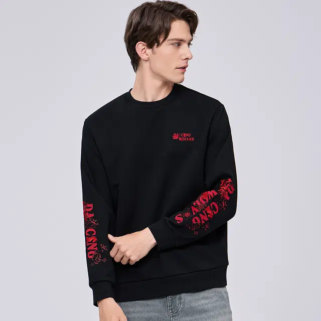 限定年品 与狼共舞 加绒重工刺绣满印亲肤柔软时尚舒适弹力圆领卫衣 男款