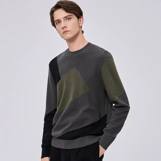 与狼共舞 羊毛亲肤超柔软高街时尚个性撞色拼接保暖舒适圆领套头毛衣 男款