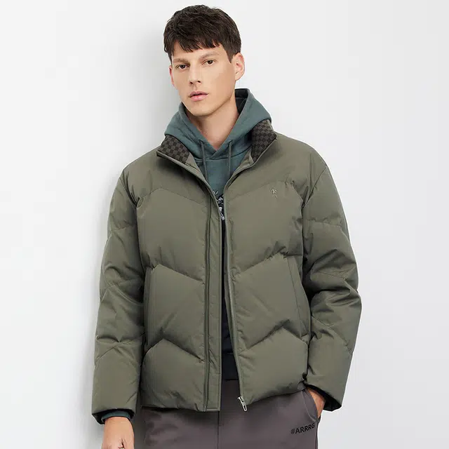 与狼共舞 保暖加绒百搭立领插色格子加厚羽绒服 男款