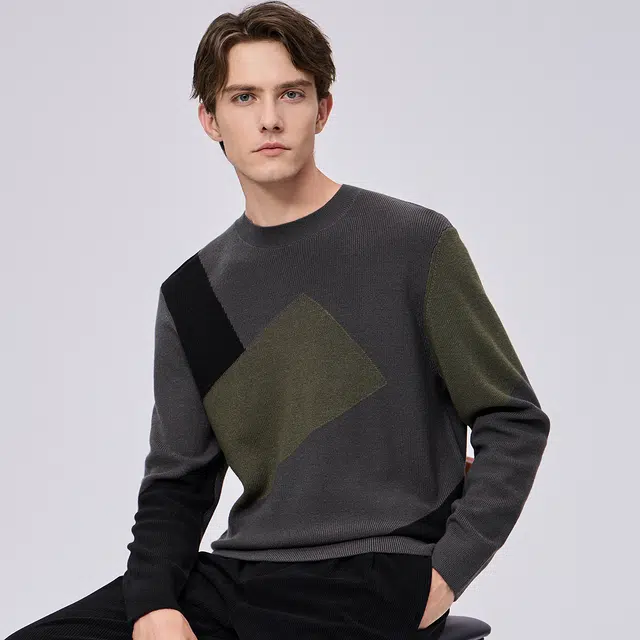 与狼共舞 羊毛亲肤超柔软高街时尚个性撞色拼接保暖舒适圆领套头毛衣 男款