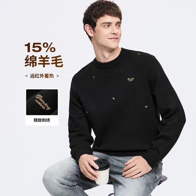 与狼共舞 轻奢羊毛时尚散点重工刺绣舒适保暖亲肤超柔软圆领套头毛衣 男款