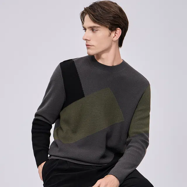 与狼共舞 羊毛亲肤超柔软高街时尚个性撞色拼接保暖舒适圆领套头毛衣 男款