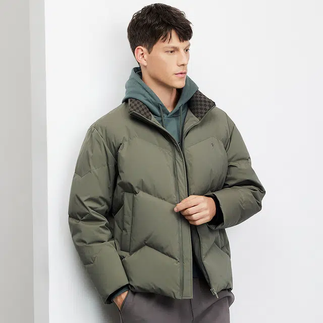 与狼共舞 保暖加绒百搭立领插色格子加厚羽绒服 男款