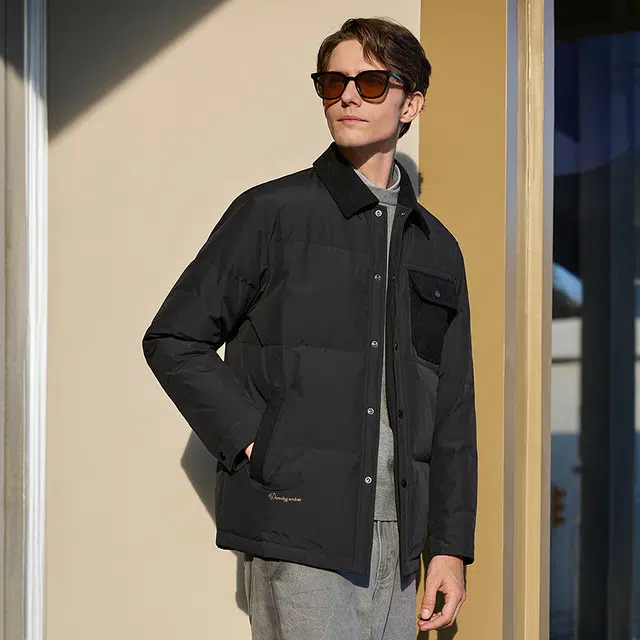 与狼共舞 石墨烯锁温蓄暖科技 灯芯绒拼接衬衫式时尚绗缝高充绒保暖轻工装翻领羽绒服 男款