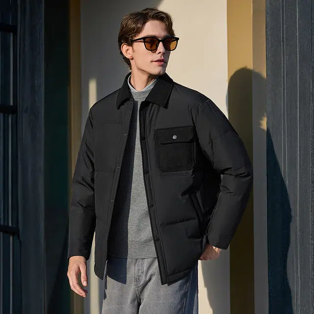 与狼共舞 石墨烯锁温蓄暖科技 灯芯绒拼接衬衫式时尚绗缝高充绒保暖轻工装翻领羽绒服 男款